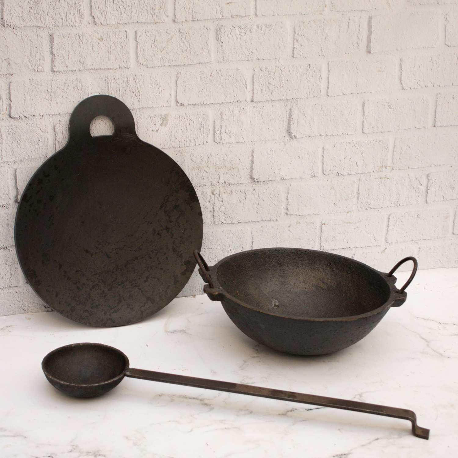 Cast Iron Kadai-Tawa-Tadka Ladle Combo-1-Zishta Traditional Coowkare