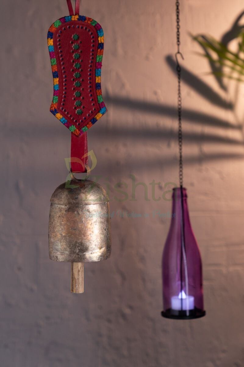 Copper Coated Iron Chimes Bell With Leather Pink 1-Zishta Traditional Cookware