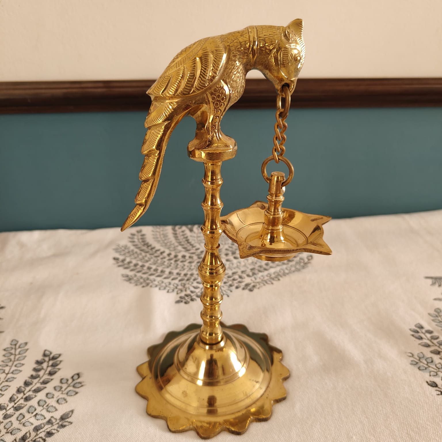 Traditional Brass Kuthu Vilakku: Hanging Parrot Lamp (Kili Vilakku, Single Piece)