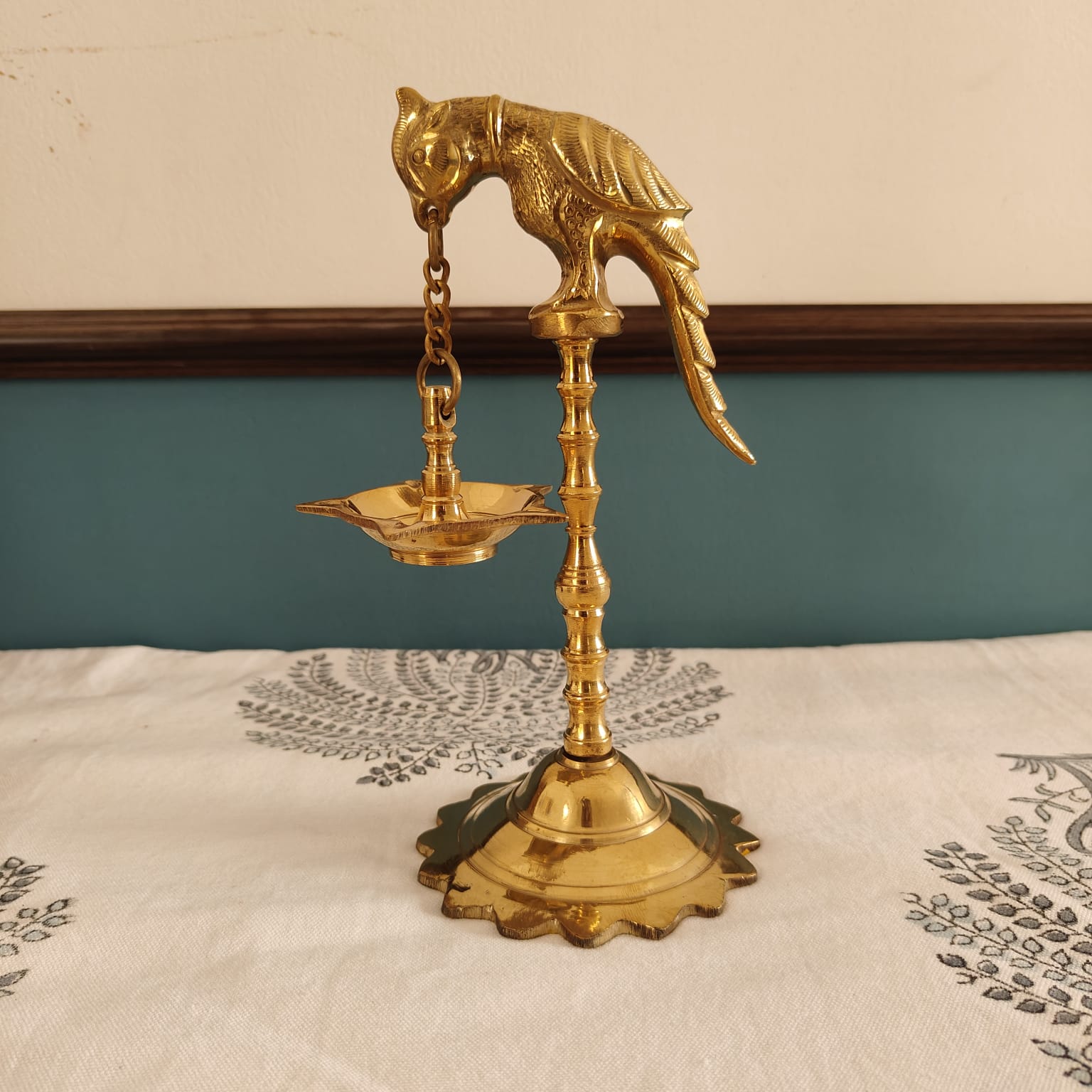 Traditional Brass Kuthu Vilakku: Hanging Parrot Lamp (Kili Vilakku, Single Piece)