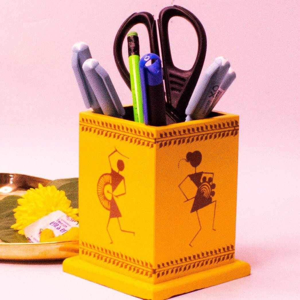 Wooden Pen Stand-Yellow-1-Navratri Gift-Zishta Traditional Home Decor