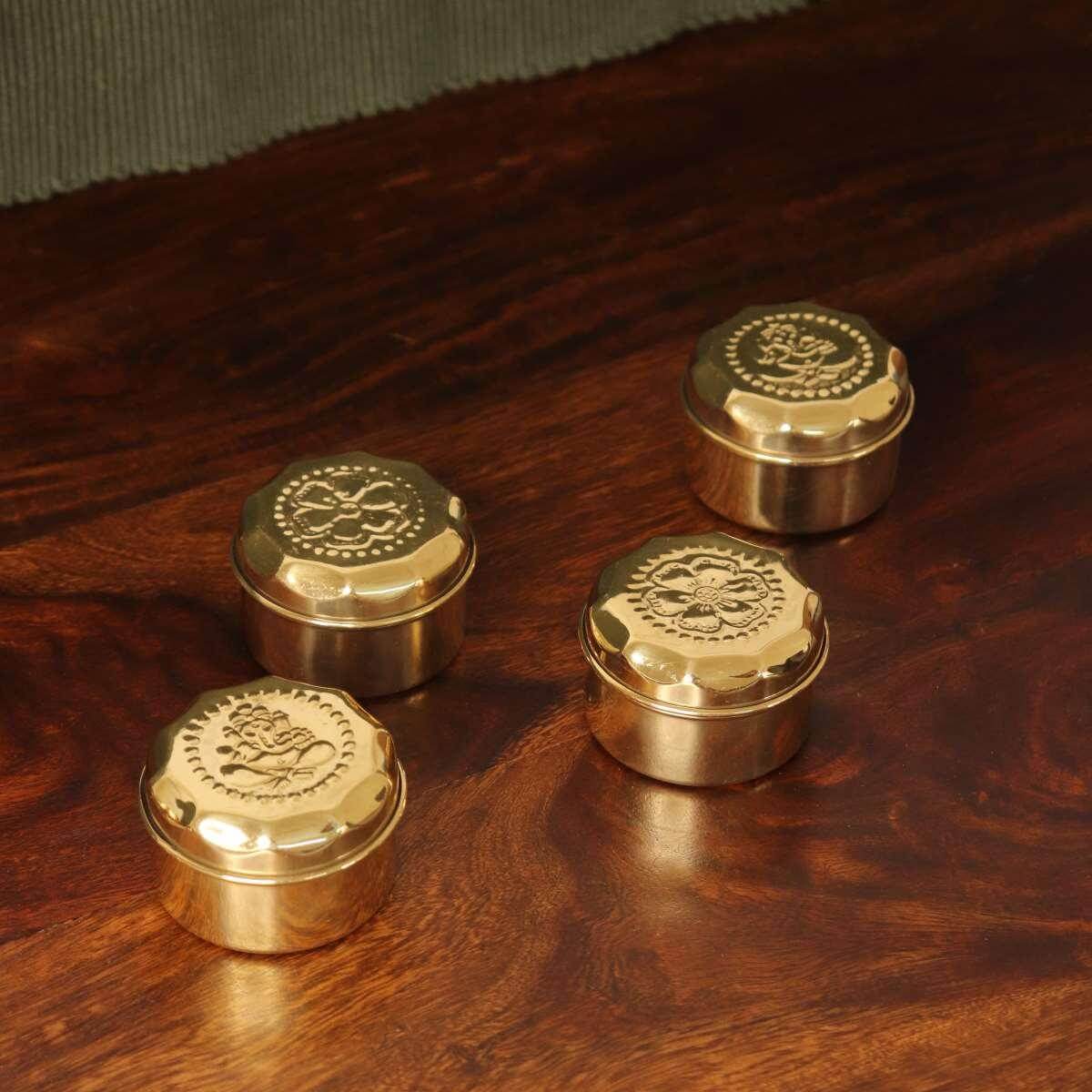 Brass Sindoor Dibbi Round Set of 4-3-Zishta Traditional Navratri Diwali Gifts