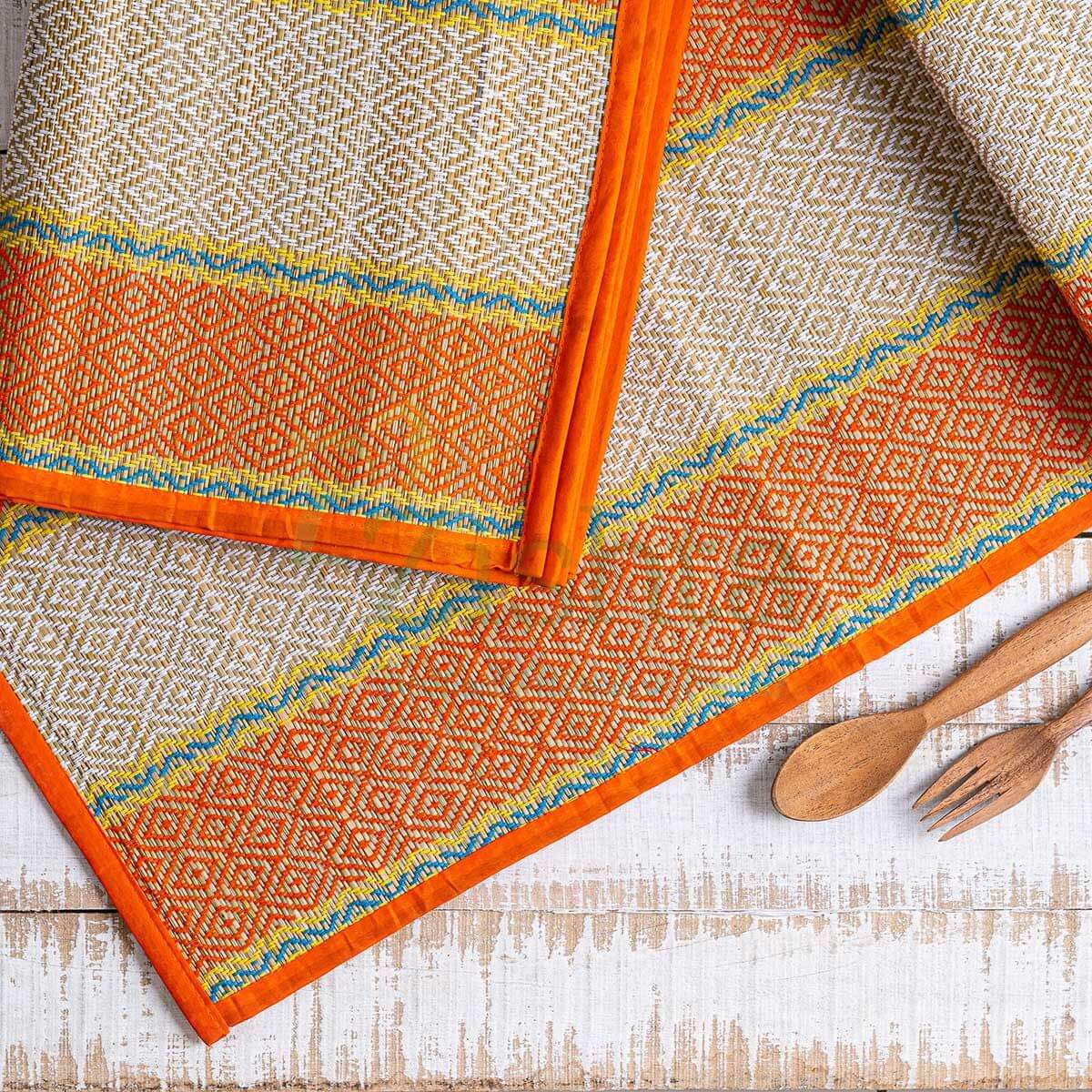 Handmade Madurkathi Table Runners Table Mats Orange-Zishta Traditional Home Decor