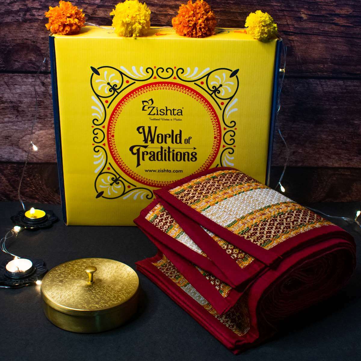 Natural Madurkathi Mat and Brass Pooja Box Set-Zishta Gifting