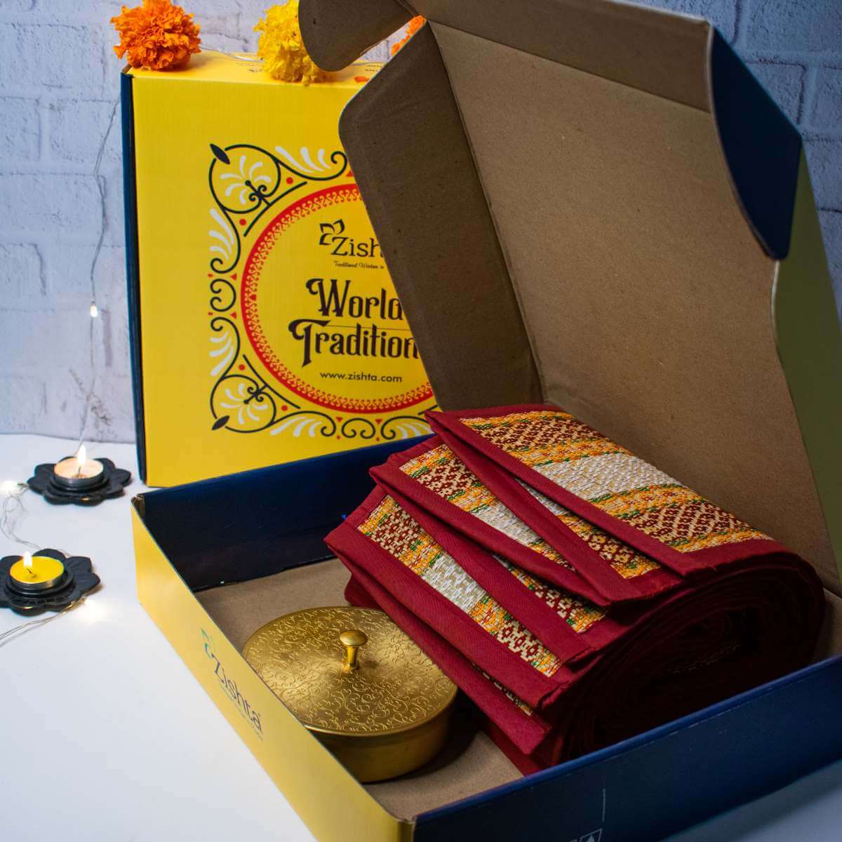 Natural Madurkathi Mat and Brass Pooja Box Set-1-Zishta Gifting