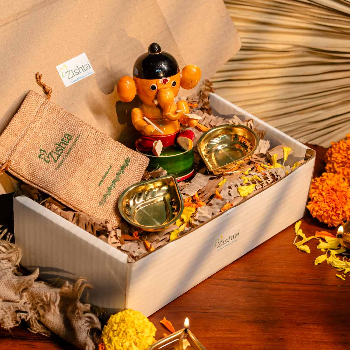 Diwali Wooden Ganesha And Diya Gift Set-1-Zishta Gifting