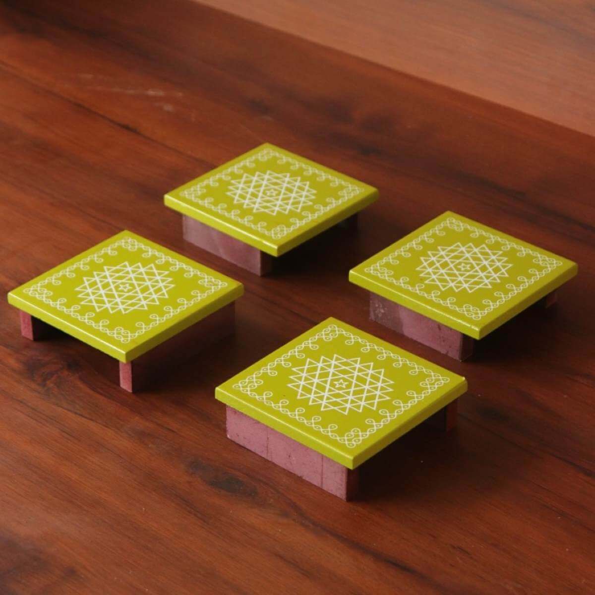 Wooden Pooja Chowki Manai-Green-Set of 4-Zishta-Traditional-Navratri-Diwali-Gifts