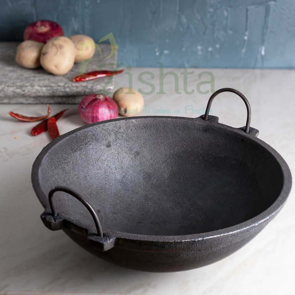 Large Cast Iron Combo: Iron Dosa Tawa, Cast Iron Kadai with Tadka Ladle Zishta